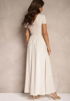 Jasnobeżowa Sukienka Maxi z Rozkloszowanym Dołem i Rozcięciem Zarya