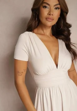 Jasnobeżowa Sukienka Maxi z Rozkloszowanym Dołem i Rozcięciem Zarya