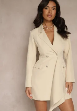 Jasnobeżowa Sukienka o Taliowanym Marynarkowym Kroju Zdobiona Mini Trenem Besilaine