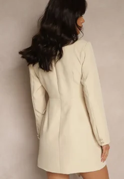 Jasnobeżowa Sukienka o Taliowanym Marynarkowym Kroju Zdobiona Mini Trenem Besilaine