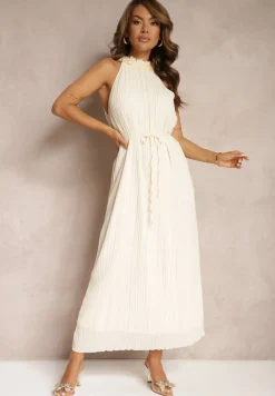 Jasnobeżowa Sukienka z Dekoltem Typu Halter z Materiałowym Paskiem w Talii i Aplikacjami 3D Dimnnia