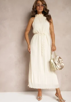 Jasnobeżowa Sukienka z Dekoltem Typu Halter z Materiałowym Paskiem w Talii i Aplikacjami 3D Dimnnia