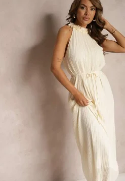 Jasnobeżowa Sukienka z Dekoltem Typu Halter z Materiałowym Paskiem w Talii i Aplikacjami 3D Dimnnia