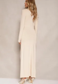 Jasnobeżowa Taliowana Sukienka z Dodatkiem Wiskozy Ozdobiona Marszczeniami Heriova