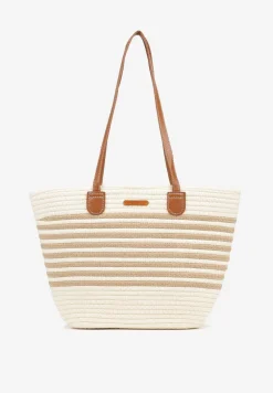 Jasnobeżowa Torebka Shopperka z Bawełną Ozdobiona Paskami Liradora