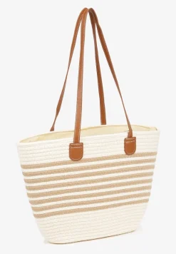Jasnobeżowa Torebka Shopperka z Bawełną Ozdobiona Paskami Liradora