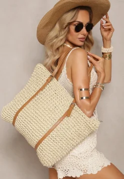 Jasnobeżowa Torebka z Plecionki w Stylu Boho z Ozdobnymi Rączkami Iltanin