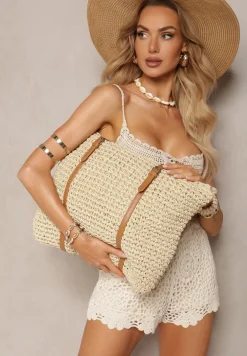 Jasnobeżowa Torebka z Plecionki w Stylu Boho z Ozdobnymi Rączkami Iltanin