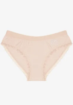 Jasnobeżowe Bawełniane Majtki Figi z Prążkowanego Materiału Wykończone Koronką Osivia