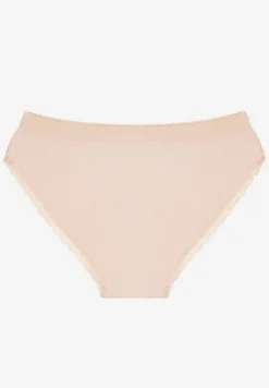Jasnobeżowe Bawełniane Majtki Figi z Prążkowanego Materiału Wykończone Koronką Osivia