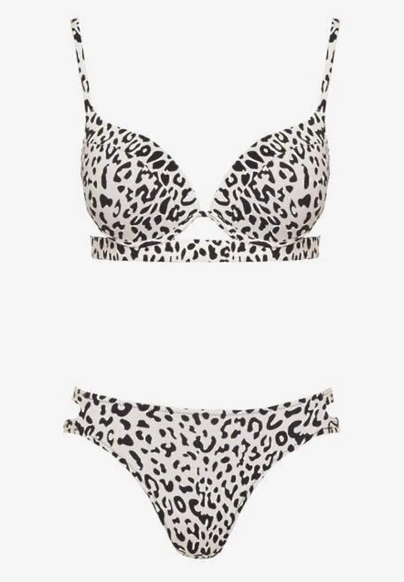 Jasnobeżowe Bikini w Panterkowy Wzór Biustonosz i Majtki Figi Zdobione Wycięciami Savrienne