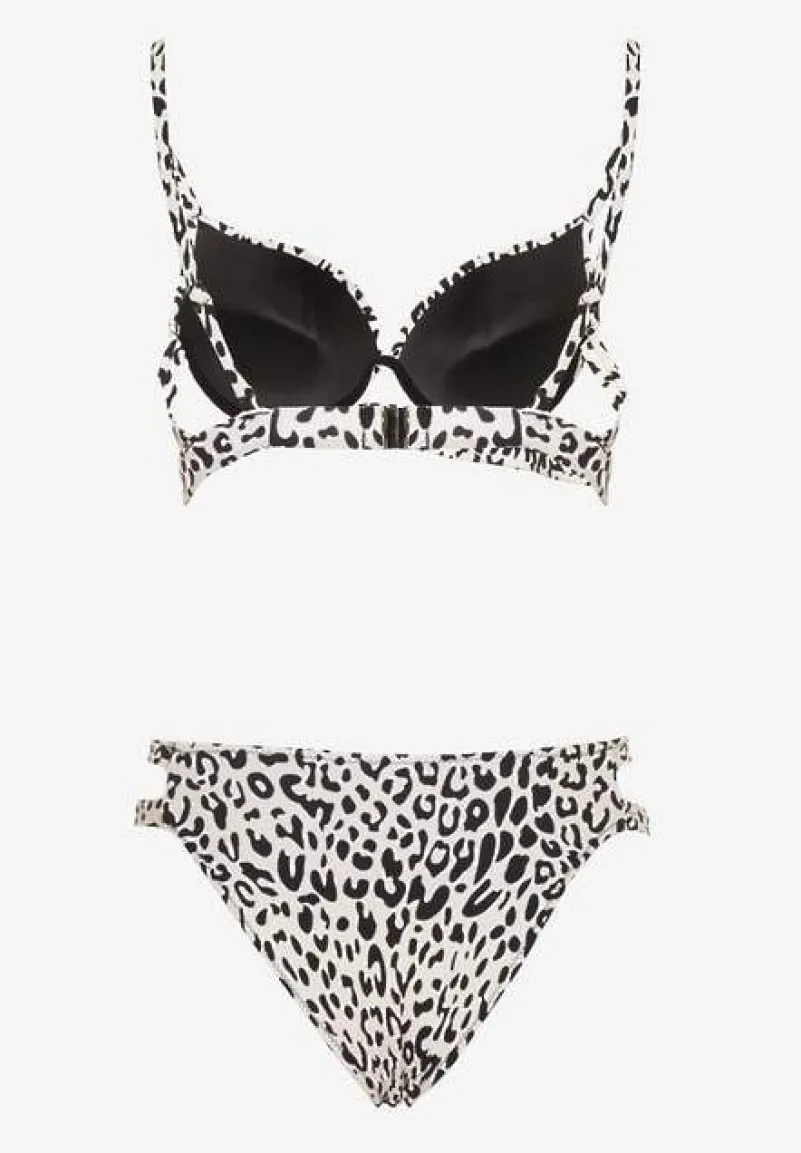 Jasnobeżowe Bikini w Panterkowy Wzór Biustonosz i Majtki Figi Zdobione Wycięciami Savrienne