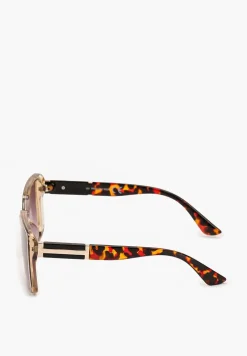 Jasnobeżowe Duże Okulary Przeciwsłoneczne z Kwadratowymi Szkłami i Metaliczną Ozdobą Berimia