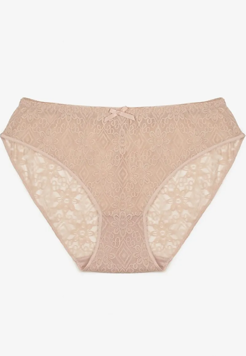 Jasnobeżowe Koronkowe Majtki Typu Figi z Ozdobną Kokardką Nilwia