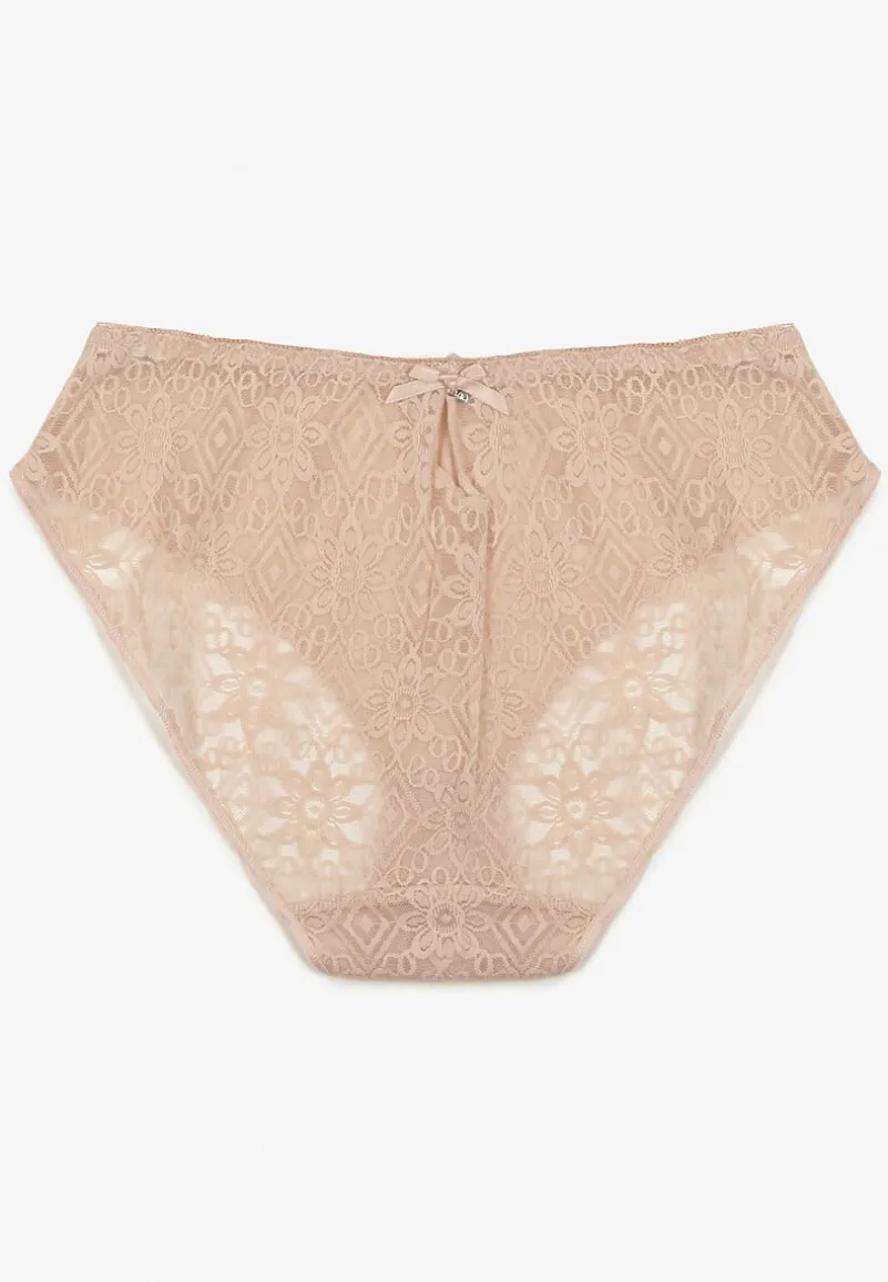 Jasnobeżowe Koronkowe Majtki Typu Figi z Ozdobną Kokardką Nilwia