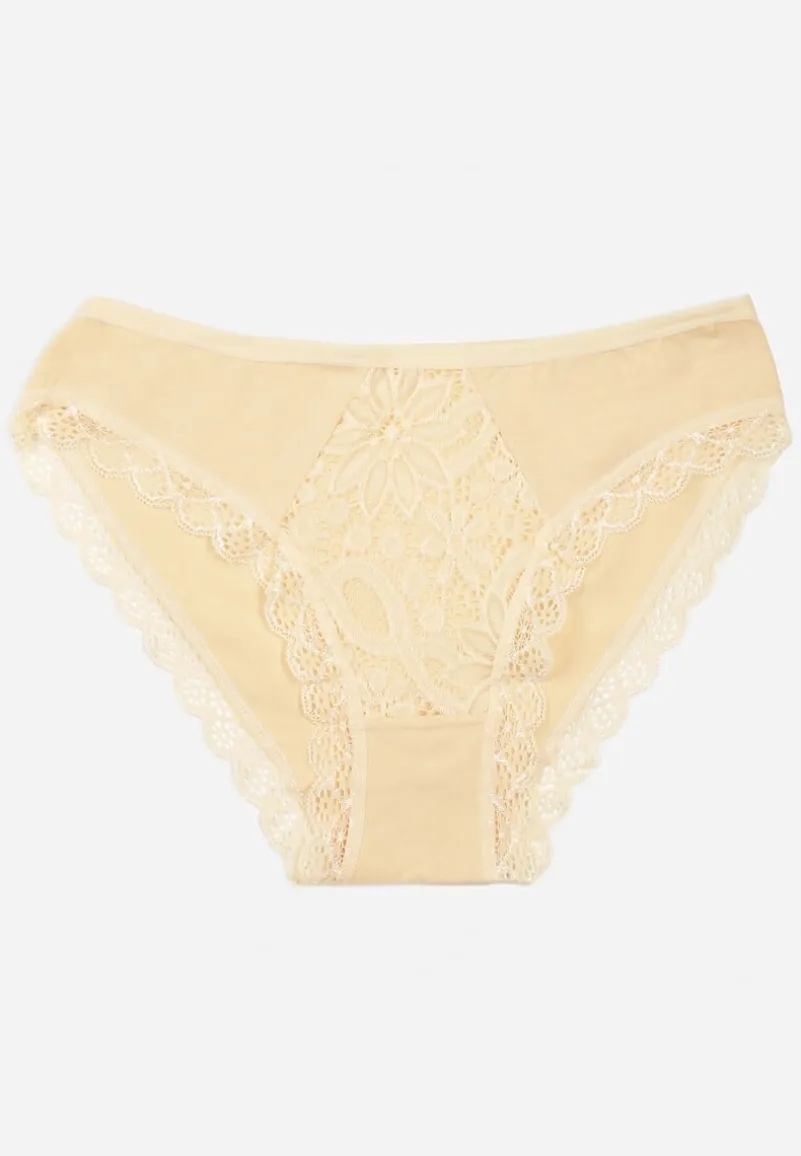 Jasnobeżowe Majtki Figi Ozdobione Wstawkami z Koronki Povia