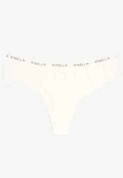 Jasnobeżowe Majtki Stringi z Prążkowanego Materiału Wykończone Napisem Briavia