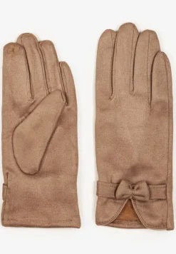 Jasnobeżowe Rękawiczki Dzianinowe z Bawełną Ozdobione Kokardą Tessemi
