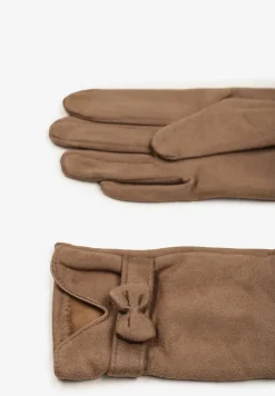 Jasnobeżowe Rękawiczki Dzianinowe z Bawełną Ozdobione Kokardą Tessemi