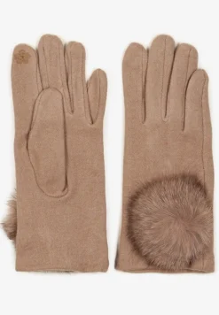 Jasnobeżowe Rękawiczki z Bawełną Ozdobione Futrzanym Pomponem Nadelina