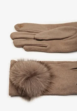 Jasnobeżowe Rękawiczki z Bawełną Ozdobione Futrzanym Pomponem Nadelina