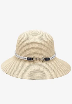 Jasnobeżowy Kapelusz z Naturalnej Plecionki Typu Bucket z Ozdobną Klamerką z Kotwicami Priscenella