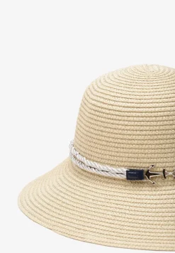 Jasnobeżowy Kapelusz z Naturalnej Plecionki Typu Bucket z Ozdobną Klamerką z Kotwicami Priscenella
