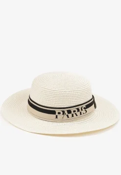 Jasnobeżowy Kapelusz z Plecionki z Tasiemką i Napisem Kollasea