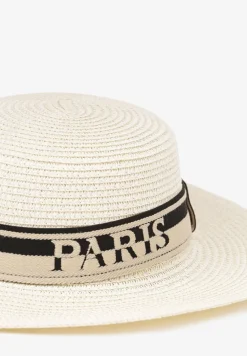 Jasnobeżowy Kapelusz z Plecionki z Tasiemką i Napisem Kollasea