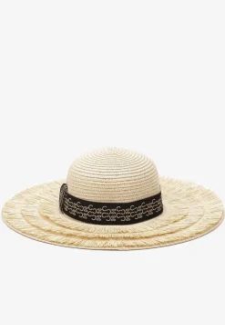 Jasnobeżowy Kapelusz z Postrzępieniem Ozdobiony Materiałową Taśmą Liaara