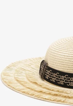 Jasnobeżowy Kapelusz z Postrzępieniem Ozdobiony Materiałową Taśmą Liaara