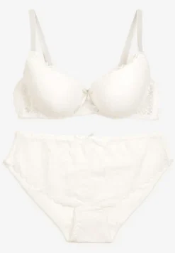 Jasnobeżowy Komplet Bielizny Koronkowej Klasyczny Biustonosz i Figi z Wysokim Stanem Nasellea