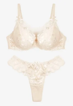 Jasnobeżowy Komplet Bielizny z Koronką i Kokardkami Biustonosz i Stringi Nasorinne