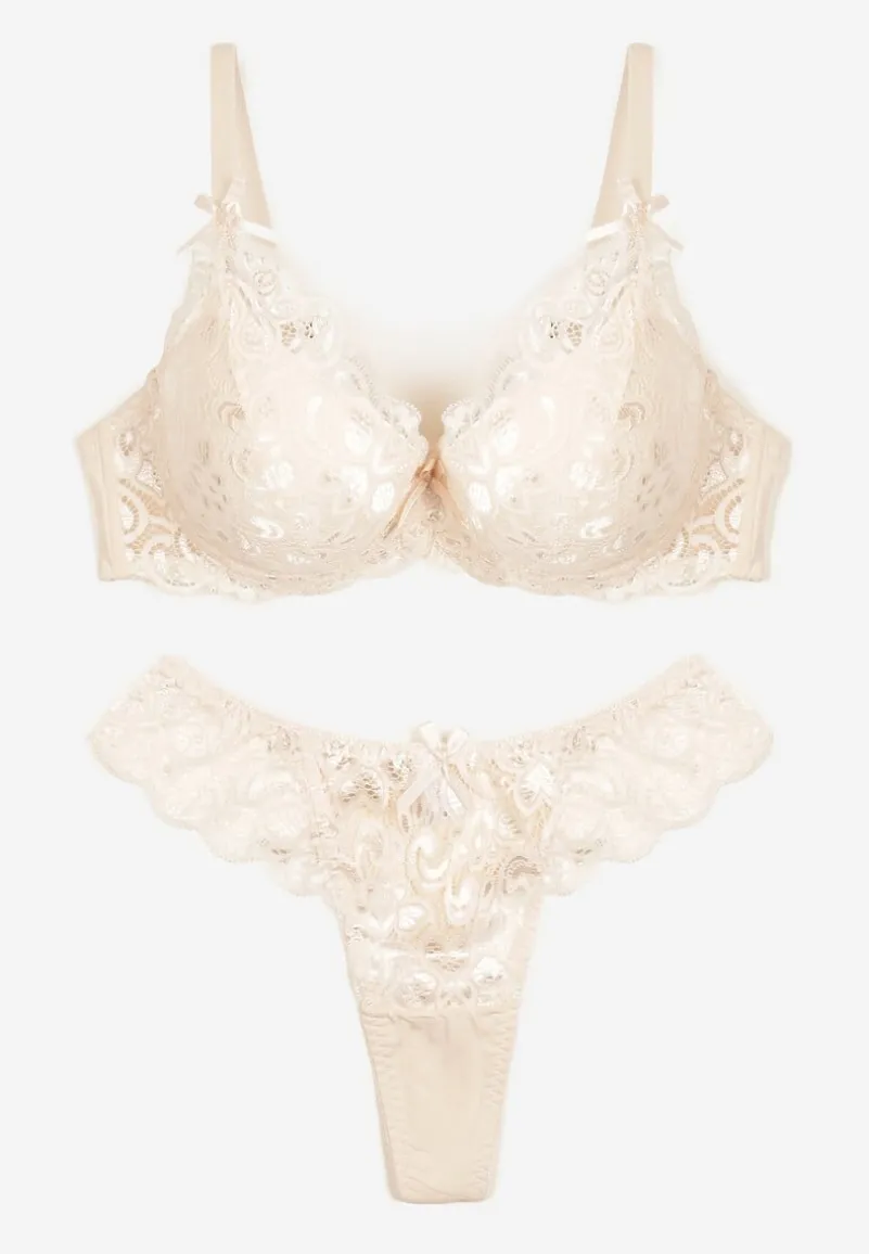 Jasnobeżowy Komplet Bielizny z Koronką i Kokardkami Biustonosz i Stringi Nasorinne