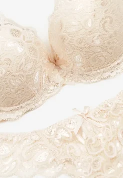Jasnobeżowy Komplet Bielizny z Koronką i Kokardkami Biustonosz i Stringi Nasorinne