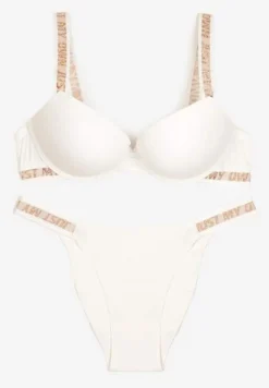 Jasnobeżowy Komplet Ozdobiony Napisami z Biustonoszem z Efektem Push-Up i Majtkami Bralicia