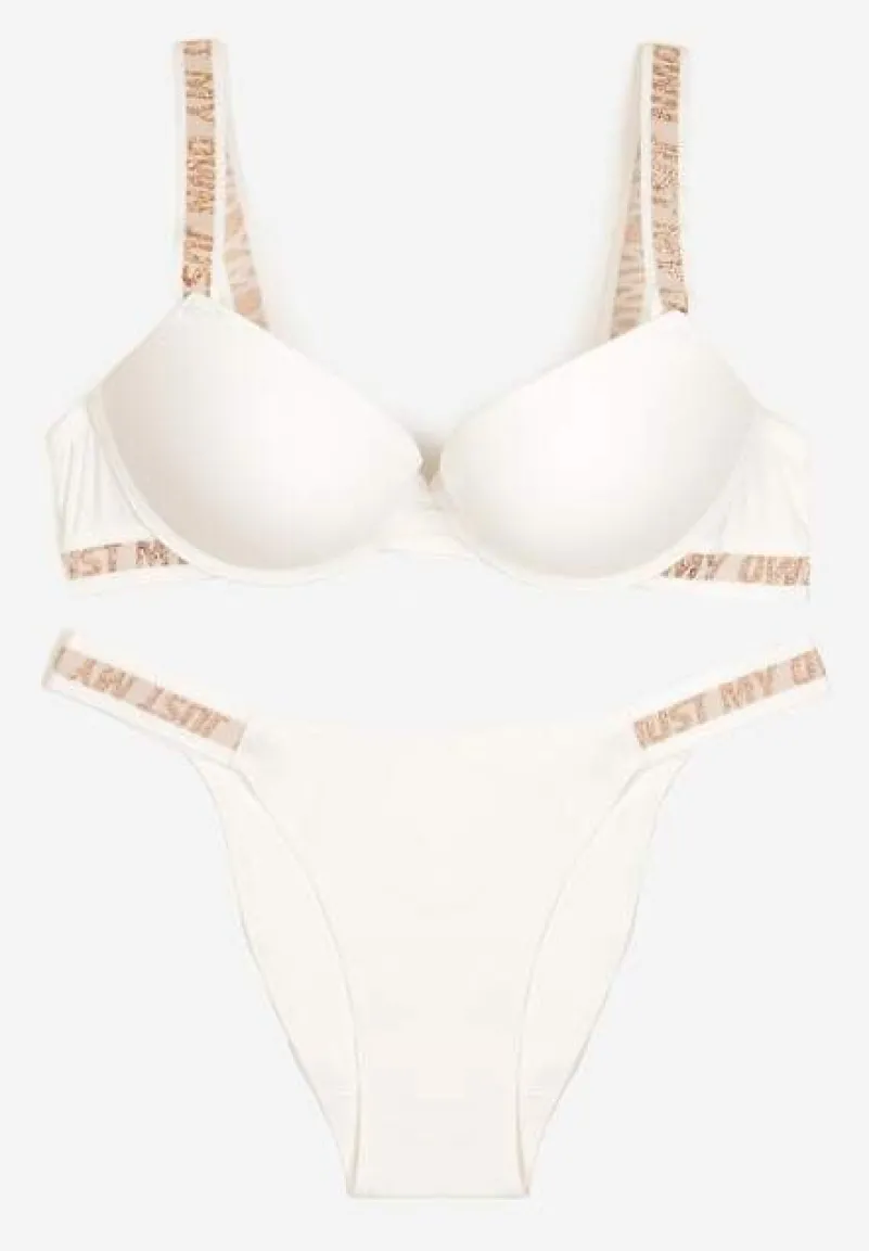 Jasnobeżowy Komplet Ozdobiony Napisami z Biustonoszem z Efektem Push-Up i Majtkami Bralicia