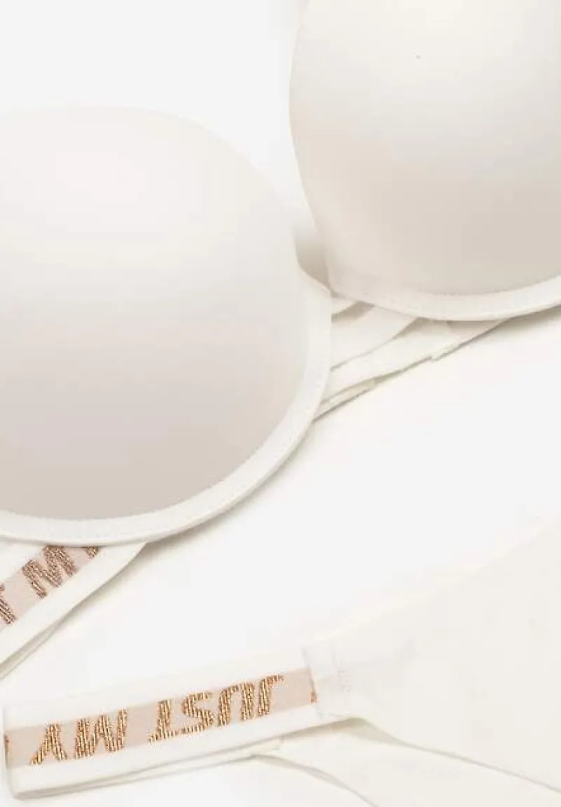 Jasnobeżowy Komplet Ozdobiony Napisami z Biustonoszem z Efektem Push-Up i Majtkami Bralicia