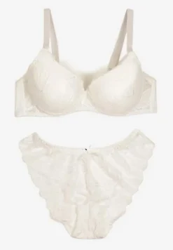 Jasnobeżowy Komplet z Koronki Majtki Ozdobione Kokardą Biustonosz na Regulowanych Ramiączkach Arfiana