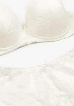Jasnobeżowy Komplet z Koronki Majtki Ozdobione Kokardą Biustonosz na Regulowanych Ramiączkach Arfiana