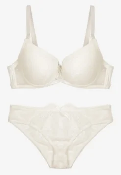Jasnobeżowy Komplet z Koronką Figi i Usztywniany Biustonosz z Kokardami Iridorea