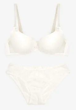 Jasnobeżowy Komplet z Koronki Majtki Typu Figi i Biustonosz z Kokardami i Usztywnieniem Arrbelia
