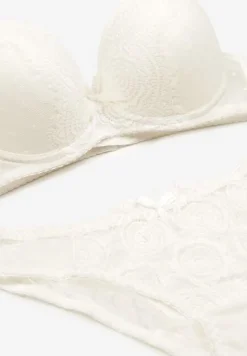 Jasnobeżowy Komplet z Koronki Majtki Typu Figi i Biustonosz z Kokardami i Usztywnieniem Arrbelia