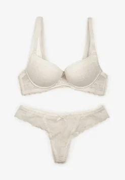 Jasnobeżowy Koronkowy Komplet Bielizny Biustonosz Usztywniony Push Up i Stringi Jasminesa