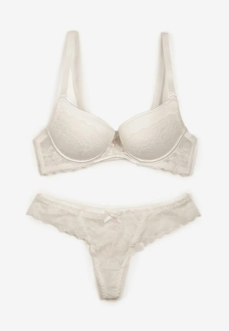 Jasnobeżowy Koronkowy Komplet Bielizny Biustonosz Usztywniony Push Up i Stringi Jasminesa