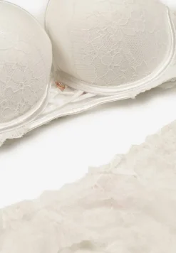 Jasnobeżowy Koronkowy Komplet Bielizny Biustonosz Usztywniony Push Up i Stringi Jasminesa