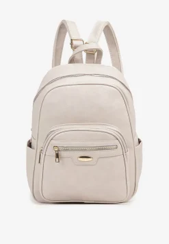 Jasnobeżowy Plecak na Regulowanych Szelkach z Ekoskóry ze Złotymi Detalami Sanu
