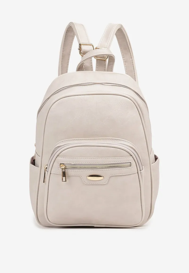 Jasnobeżowy Plecak na Regulowanych Szelkach z Ekoskóry ze Złotymi Detalami Sanu