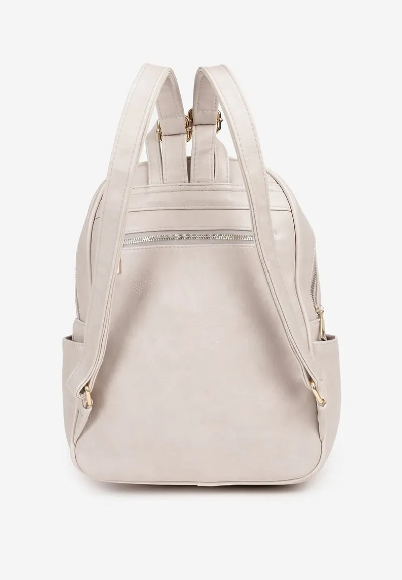 Jasnobeżowy Plecak na Regulowanych Szelkach z Ekoskóry ze Złotymi Detalami Sanu