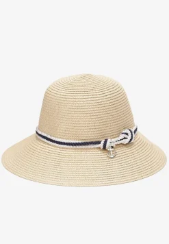 Jasnobeżowy Pleciony Kapelusz z Szerokim Rondem i Kontrastową Taśmą Paccea